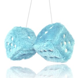Fuzzy Plush Dice for Car Mirror, Pair of Retro 3” Light Blue Dice with White Dots for Car Interior Hanging Ornament Decoration (Blue)