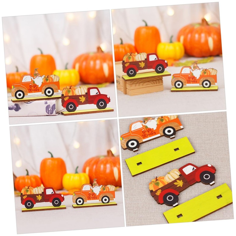 CAXUSD 2pcs Wooden Truck Gnome Pumpkin Sign for Autumn Home
