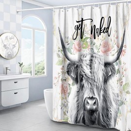 DOMOKU Highland Cow Shower Curtain Get Naked Shower Curtain Funny Cute Farmhouse Bull Floral Bathroom Curtain Polyester Fabric Waterproof with 12Hooks,72x72 inch