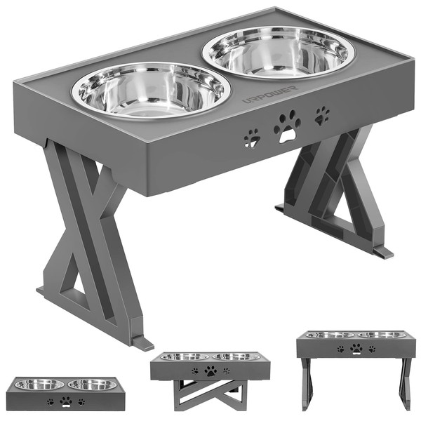 URPOWER Elevated Dog Bowls Adjustable Raised Bowl with 2 Stainless Steel 1.5L Food Bowls Stand Non-Slip No Spill Dog Dish Adjusts to 3 Heights 2.8”, 8”, 12”for Small Medium Large Dogs and Pets