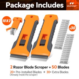 WRAPXPERT Razor Blade Scraper, 2 Pack Scraper Tool with 30pcs Extra Blades, Razor Scraper Tool for Glass, Glass Top Stove Scraper for Oven Door, Ceramic Cooktops, Ovens, Cooktop Scraper