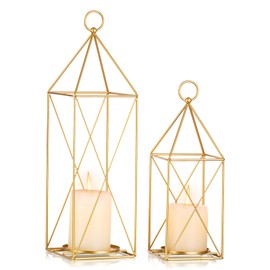 Staymoment Gold Lanterns Decorative Set of 2-15" & 11" Bulk Rustic Farmhouse Candle Holder for Wedding Table Centerpiece Fireplace Mantle Porch Indoor Outdoor, Metal Wire Lantern Home Decor