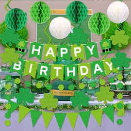 St. Patrick 's Day Birthday Decorations Green Happy Birthday Banner St Patricks Day Birthday Banner Lucky Shamrock Swirl Streamers for Saint Patricks Day Birthday Party Decorations