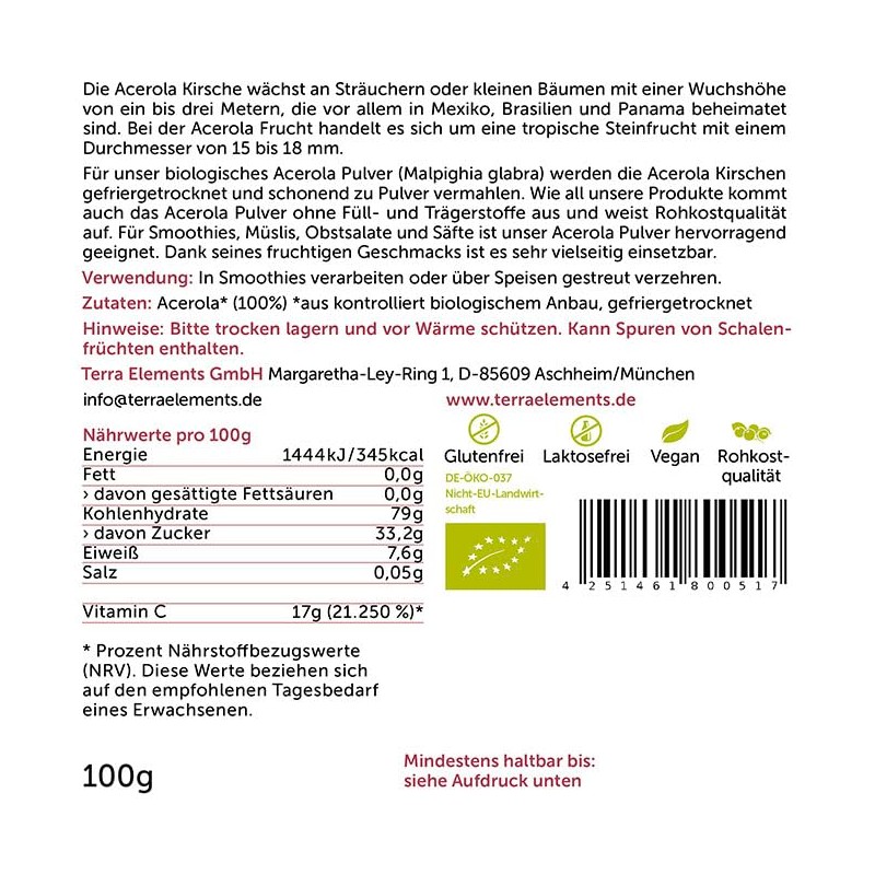Terra Elements Organic Acerola Powder, 100 g, Rich in Vitamin