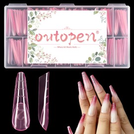 outopen 150pcs Long Curved Tapered Stiletto Nail Forms Clear Pink Full Cover Nail Extension Art Mold with Scale Reusable Nail Forms for Polygel Acrylic Extension Beginners DIY Manicure, 15 Sizes
