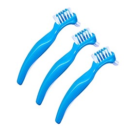 Pack of 3 Portable Denture Cleaning Brushes with Moderate Multilayer Bristles, Double-Sided Brush for Cleaning False Teeth - Blue