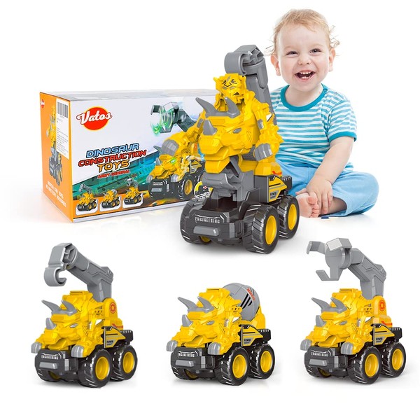 VATOS Car Toys for 1 2 3+ Year Old Boys - 3 Pcs Friction Dinosaur Transformation Car Robot Construction Toys, 1 2 3 Year Old Boy Toddler Gifts, Toddler Toy Car for Kids 1 2 3 4+