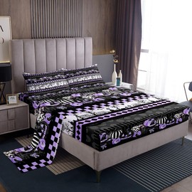 Juego de ropa de cama de Halloween, tamaño individual, diseño de telaraña, murciélago, calabaza, linterna, color morado, negro, blanco, retazos a rayas, gótico, decoración para niñas, niños, 3 piezas