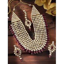Aheli Indian Traditional Bollywood Collection Faux Kundan Pearl Layered Jewelry Necklace Set with Maang Tikka Earrings for Women Girls (Maroon)