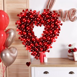 Sggvecsy 17.7'' Heart Shaped Wreath Valentines Day Red Heart Wreath with Tinsel Red Balls Decorations for Front Door Wedding Party Anniversary Wall Decor Gift Girlfriend Mother's Day