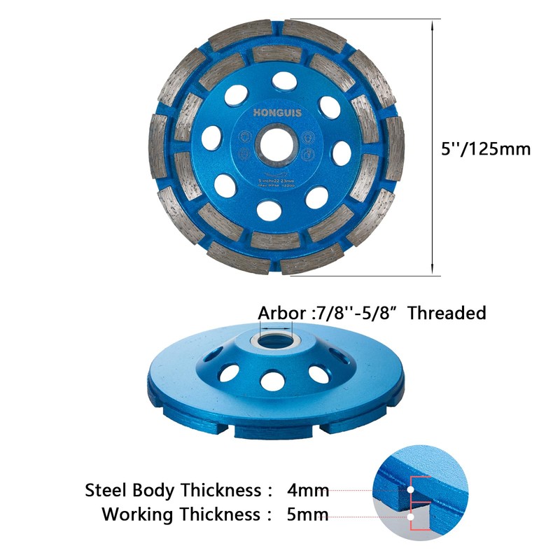 HONGUIS 5 inch Diamond Cup Grinding Wheel,7/8"-5/8" Arbor Concrete Grinder
