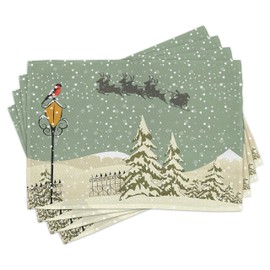 ABAKUHAUS Christmas Place Mats Set of 4, Santa Claus Reindeer, Washable Fabric Placemats for Dining Room Kitchen Table Decor, Beige Green White