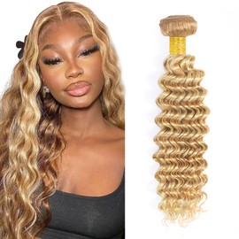Blonde Bundles Honey Blonde Deep Wave Bundles P27/613 Blonde Human Hair Bundles Brazilain Remy Human Hair 1Bundle 30 Inch 613 Deep Wave Bundles Human Hair Weave P27/613 Human Hair Bundles