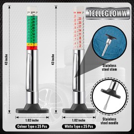 Tellegloww 50 Pcs Tire Tread Depth Gauge 32nds 25mm Color Coded Tire Depth Gauge Tool, Tire Tread Depth Accurate Measure Tools Tread Depth Metric Gauges for Car Trucks Various Vehicle, White and Green