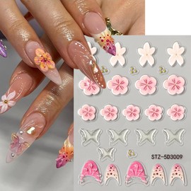 6 Sheets Embossed Flower Nail Art Stickers Decals, White Pink Flower Self-Adhesive Nail Design 5D Floral Butterfly Nail Decals for Women Girls DIY Manicure Tips Decoration Supplies