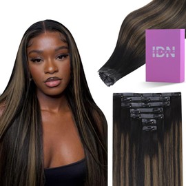 IDN BEAUTY Seamless Clip In Hair Extensions Human Hair, Straight 24 Inch 110g 7pcs, 1B/6/1B Balayage Natural Black to Chestnut Brown Remy Hair Seamless Clip Ins For Black Women PU Weft Invisible Edge