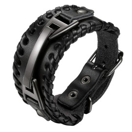 Cupimatch Men Black Adjustable Wide Leather Bracelet, Alloy Punk Braided Belt Cuff Bangle Wristband 7.8 inch