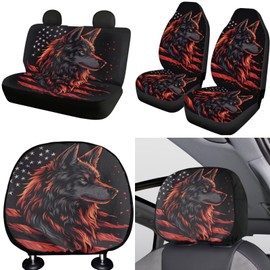 FKELYI Wolf Car Seat Covers Full Set for Men American Flag Non-Slip Seat Protector with Cup Coasters,Gear Shift Cover&Handbrake Cover, Steering Wheel Cover, Headrest Covers