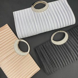 [hotlips] Party Bag, Black, Clutch Bag, Wedding Bag, Women's, 2-Way Oval Handle, Pleated Satin, Party Bag, Clutch Bag, Handbag, Long Chain Included, Party, After-party, Thank You Party, After-party,