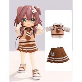 YMY Obitsu 4.3 inches (11 cm) Doll Clothes Shirt + Tie + Waist Coat + Half Skirt Girl Uniform Set 1/12bjd Doll Clothes (Brown)