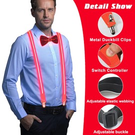 Tulov 2 Pack Luminous Mens LED Braces with Luminous Bow Tie LED Light Up Braces for Bachelor Party Men and Festival Gadget, red