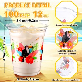 Lallisa 100 Pack Hawaiian Disposable Plastic Cups 12 oz Tropical Party Cups with Parasol Straws Clear Disposable Drinkware Drinking Glasses Cups for Summer Theme Party