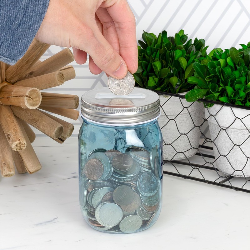 Cornucopia Brands Small Coin Bank Jars (4-Pack, Blue); 16oz Plastic