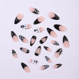 24Pcs Gothic Press on Nails Medium Almond Fake Nails with 3D Rivets Steel Balls Designs White Bow False Nails Black Stick on Nails Goth Acrylic Nails Full Cover French Tip Glue on Nails for Women