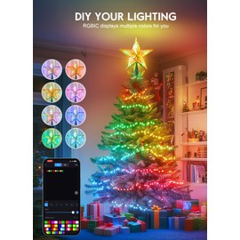 Christmas Star Tree Topper, 8" Static Dynamic Lighted Hollowed 3D Pentagram Built-in 10 Bulbs, RGB Color Changing Topper W/App Control USB Powered Xmas Tree Topper Music Sync Tree Top for Christmas