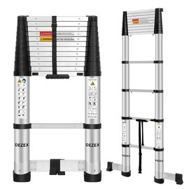 DEZEX Telescoping Ladders 12.5 FT Aluminum Lsdder - One-Button Retraction Collapsible Extension Ladder for Home,RV,Attic,Lasts 330 LBS with Swivel Feet and Non-Slip Cushion