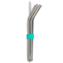 Manna Set of 8 Stainless Steel Reusable Straws with Cleaner and Silicone Straw Holder - Teal