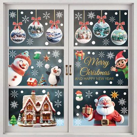 Christmas Window Clings for Glass Windows,9 Sheets Large Xmas Stickers Decals with Santa Claus Snowman Penguin Reindeer Design Christmas Holiday Decals for Party Home Winter Indoor Decoration