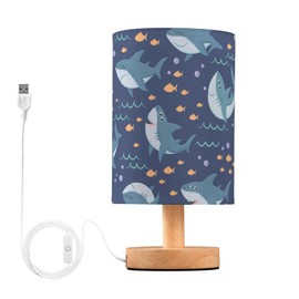 YYZZH Table Lamp Marine Shark Fish Bubble Pattern Nightstand Lamp with Wood Base Fabric Lamp Shade Bedside Desk Lamp for Living Room Bedroom Kids Room Office
