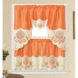 GOHD Rose Melody. 3pcs Kitchen Cafe Curtain Set. Swag and 24 inches Tiers Set for Small Windows. Nice Matching Color Rose Embroidery on Border and Inserted Organza. (Orange)