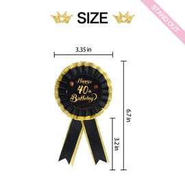 INNORU Happy 40th Birthday Tinplate Badge Pin, Satin Fabric 40th Birthday Pin, Cheers to 40 Years Rosette Button Pins, Happy Birthday Party Accessory Brooch Pin Party Decorations Black, Pack of 1