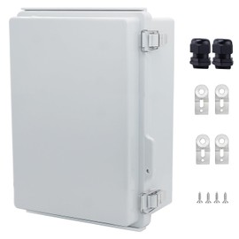 IP67 Waterproof Junction Box, ABS Plastic Electrical Enclosure with Stainless Steel Latch, Hinged Cover Electric Box with Mounting Plate, Wall Brackets & Cable Glands 280x190x140mm