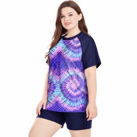 Davena Plus Size Rash Guard for Women 2 Piece Big Size Swimsuits Short Sleeve Bathing Suit with Bottom UV UPF 50+(Purple Multi Geometry,1X)