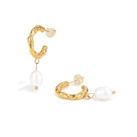 PANSTAR 18K Gold Plated Dangle Pearl Earrings, Hammer Grain Hoops for Women, Gold Vermeil Finish, French Fashion C-Shaped Elegance