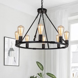 PUZHI HOME Wagon Wheel Chandelier 8 Light, Black Farmhouse Chandelier 23.6" Metal Round Dining Room Light Fixture Vintage Wheel Pendant Island Lighting for Kitchen Living Entryway Foyer