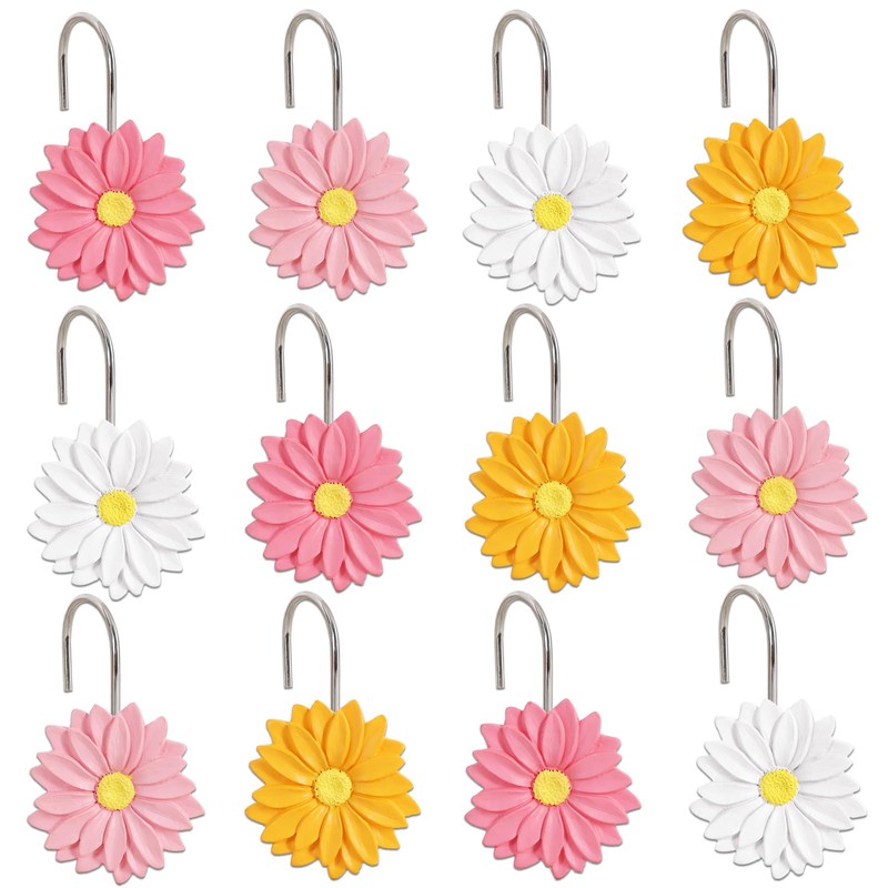 CTOHN 12-Piece Flowers Shower Curtain Hooks, Daisy Floral Stainless Steel