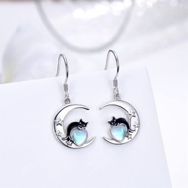 Black Cat Earrings Sterling Silver Cat Moonstone Dangle Earrings Animal Jewelry for Girls Women Daughter Granddaughter