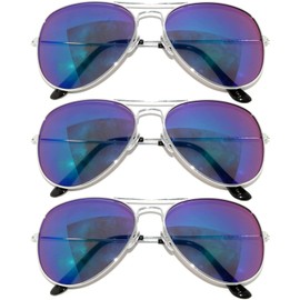 3 Pairs Aviator Style Sunglasses Silver Color Metal Frame Mirror Blue-Green Color Lens