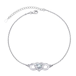 PROSILVER Women's Infinity Anklet 925 Silver Rolo Chain Anklet with Heart Birthstone 22 + 5 cm Summer Beach Ankle Bracelet Birthday Jewellery Accessory, Silver Metal