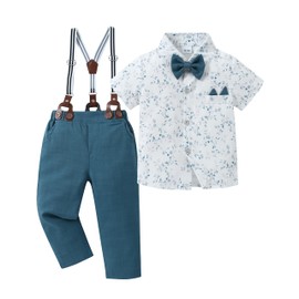YALLET Toddler Baby Boy Clothes Suit Gentleman Wedding Outfits, Formal Dress Shirt+Bowtie+Suspender Pants(Blue Print, 3-4T)