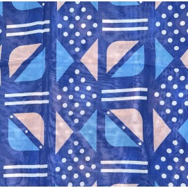 African Print, Chiffon Fabric - Blue, Beige, White "Nonye", ~2 Yards