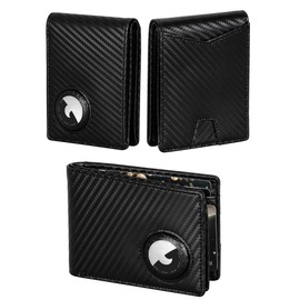 Marc Peter Airtag Wallet – Minimalist Front Pocket RFID Blocking Mens Wallet Full Grain Leather, Bifold AirTag Holder with 2 ID Window up to 14 Cards and Gift Box Carbon