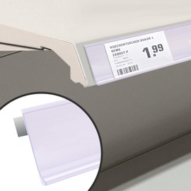 Pro Painter Shelf Label Strips, 100 Pack, 1.25'H, Clear Plastic Front/White Back, 48' Long, Self-Adhesive, Barcode Readable