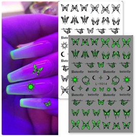 Butterfly Nail Art Stickers Decals 6 Sheets 3D Self-Adhesive Nail Decals Spring Summer Nail Art Supplies Luminous Glow Butterfly Moon Star Sun Nails Design Accessories for Women Manicure Decorations