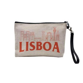 Canvas Bag - Cities of the World Collection Minimalist Style Travel Tourism Postcard - Linen Look Cosmetic Bag - Toiletry Bag - Purse, Lisbon, Cosmetic bag
