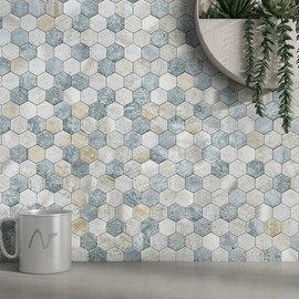 MOFIT Hexagon Peel and Stick Backsplash Tiles Kitchen,Self-Adhesive Metal and Marble Honeycomb Peel and Stick Wall Tiles Sticker Mosaic Heat Resistant(Blue Green Gray,5sheets)